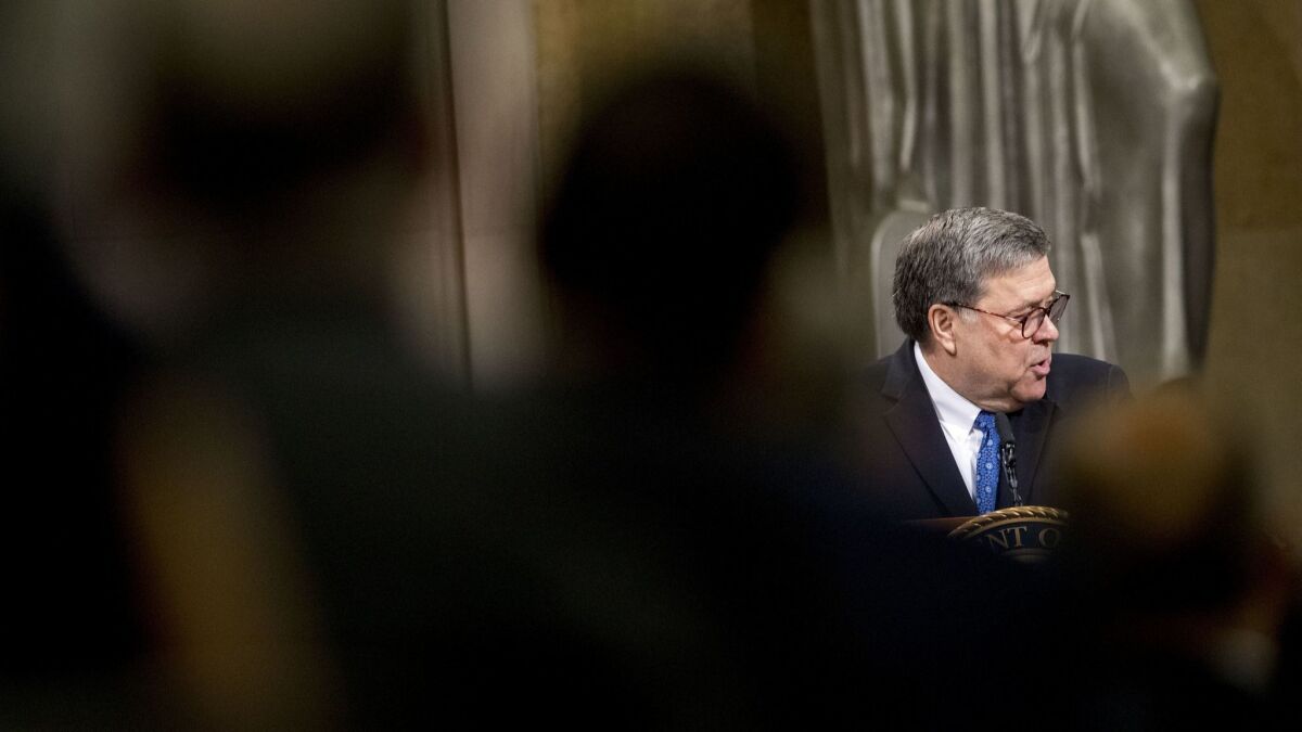 Attorney General William Barr speaks during a ceremony in Washington on May 9.