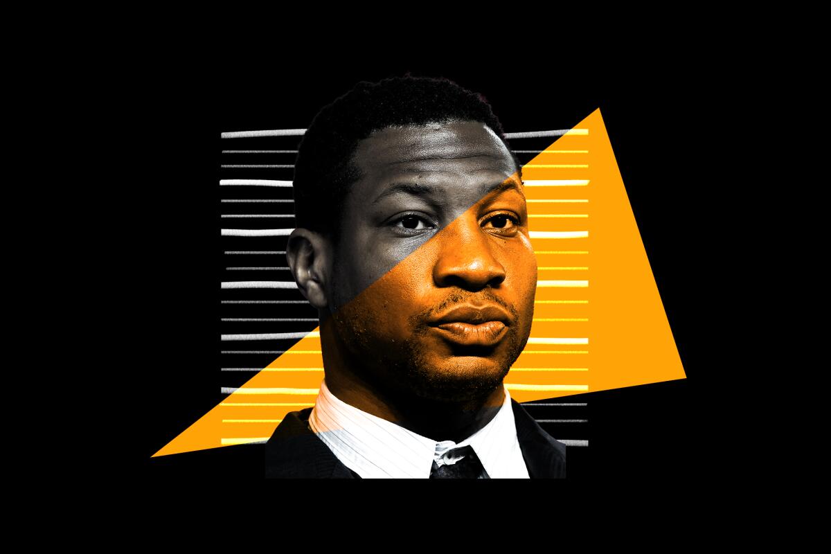 An abstract orange triangle bisects a cutout of Jonathan Majors in a photo illustration