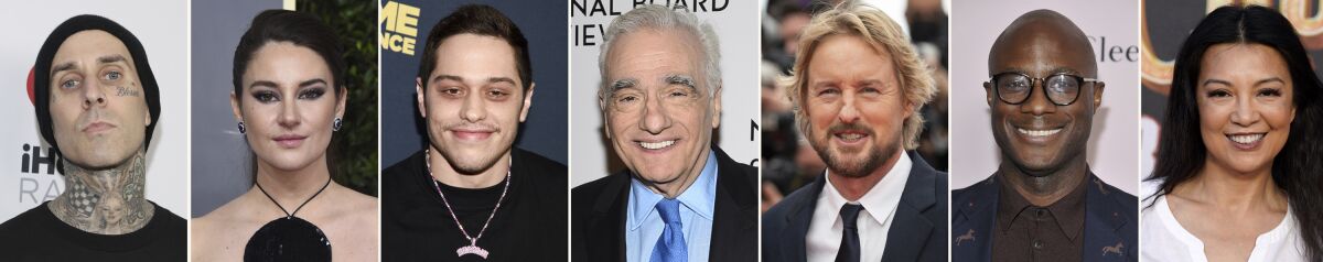 This combination photo of celebrities with birthdays from Nov. 14-20 shows Travis Barker, from left, Shailene Woodley, Pete Davidson, Martin Scorsese, Owen Wilson, Barry Jenkins and Ming-Na Wen. (AP Photo)