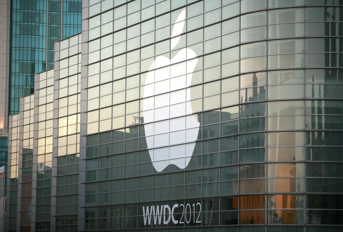 An Apple logo at Moscone Center on June 10, 2012, in San Francisco.