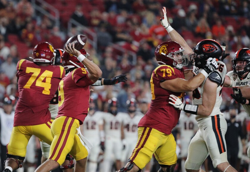 USC offensive lineman Jonah Monheim protects quarterback Kedon Slovis.