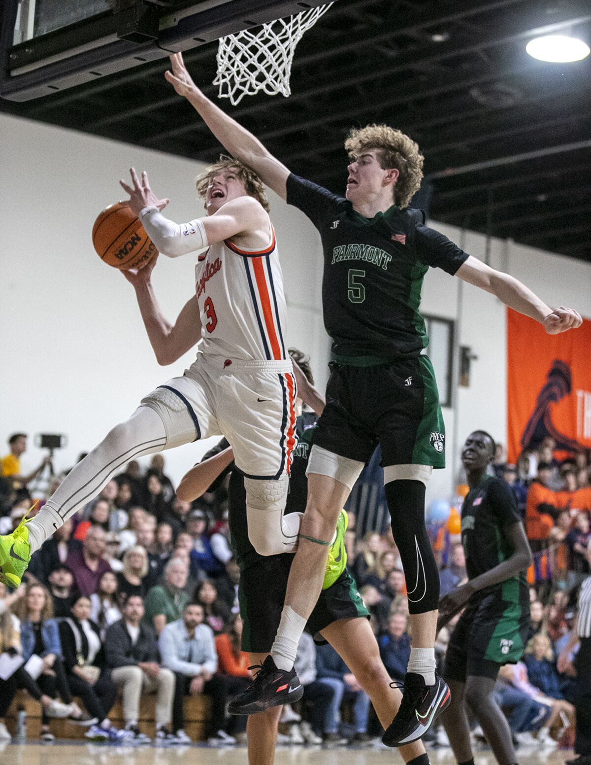 Pacifica Christian Orange County's Parker Strauss is shown going up for a shot against Fairmont Prep on Jan. 27.