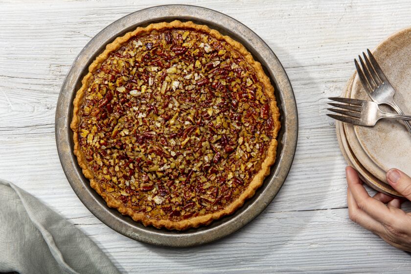 LOS ANGELES, CALIFORNIA, Nov. 4, 2020: Malted Milk Pecan Pie for LA Times Food Cooking section's Thanksgiving 2020 story and recipes by Ben Mims, photographed on Wednesday, Nov 4, 2020, at Proplink Studios in Arts District Los Angeles. (Photo / Silvia Razgova, Food styling / Ben Mims, Prop styling/ Kate Parisian) ATTN: 644074-la-fo-new-thanksgiving-2020