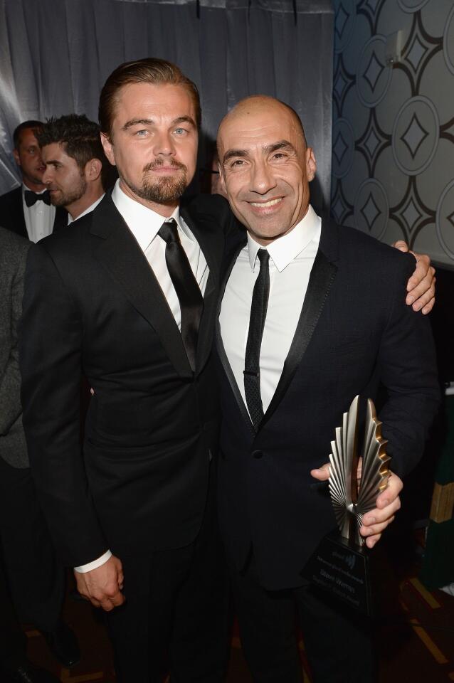 Actor Leonardo DiCaprio and honoree Steve Warren attend the 24th GLAAD Media Awards in Los Angeles.