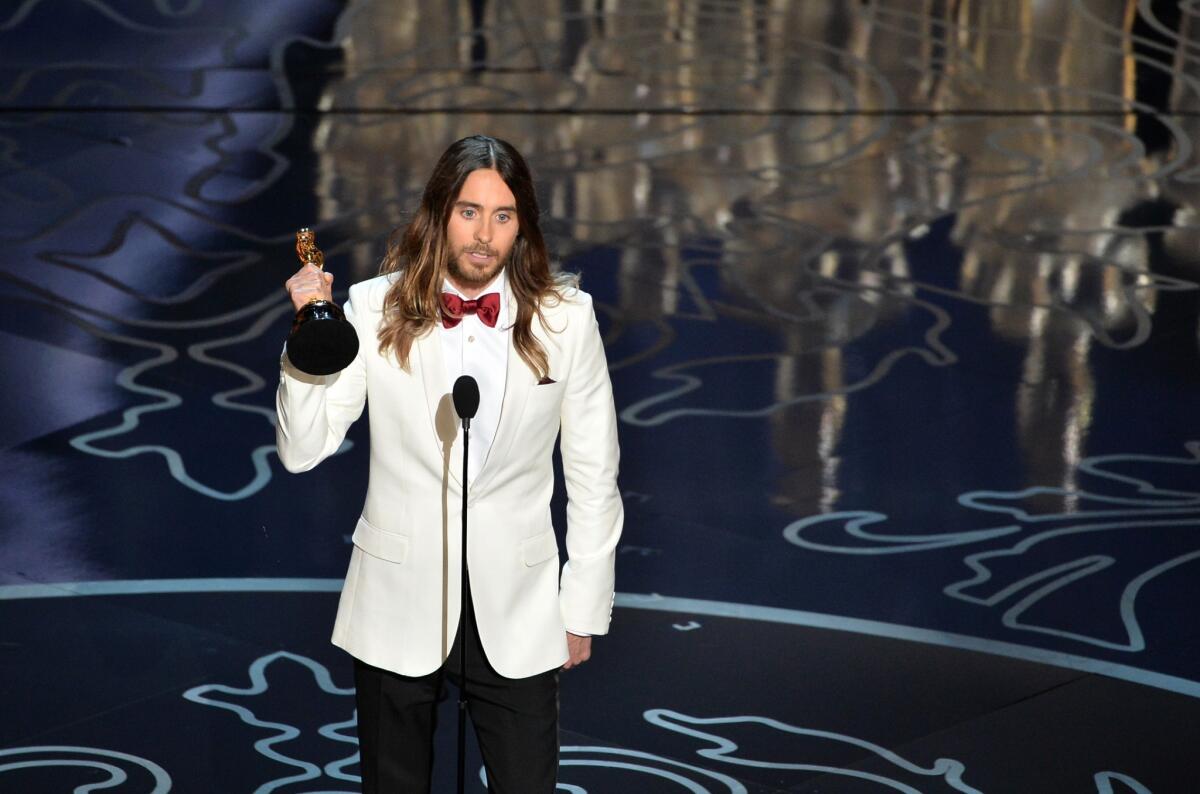 Jared Leto accepts his supporting actor Oscar on Sunday night. His comments about the current unrest in Ukraine were edited out of a taped broadcast of the show shown in Russia.