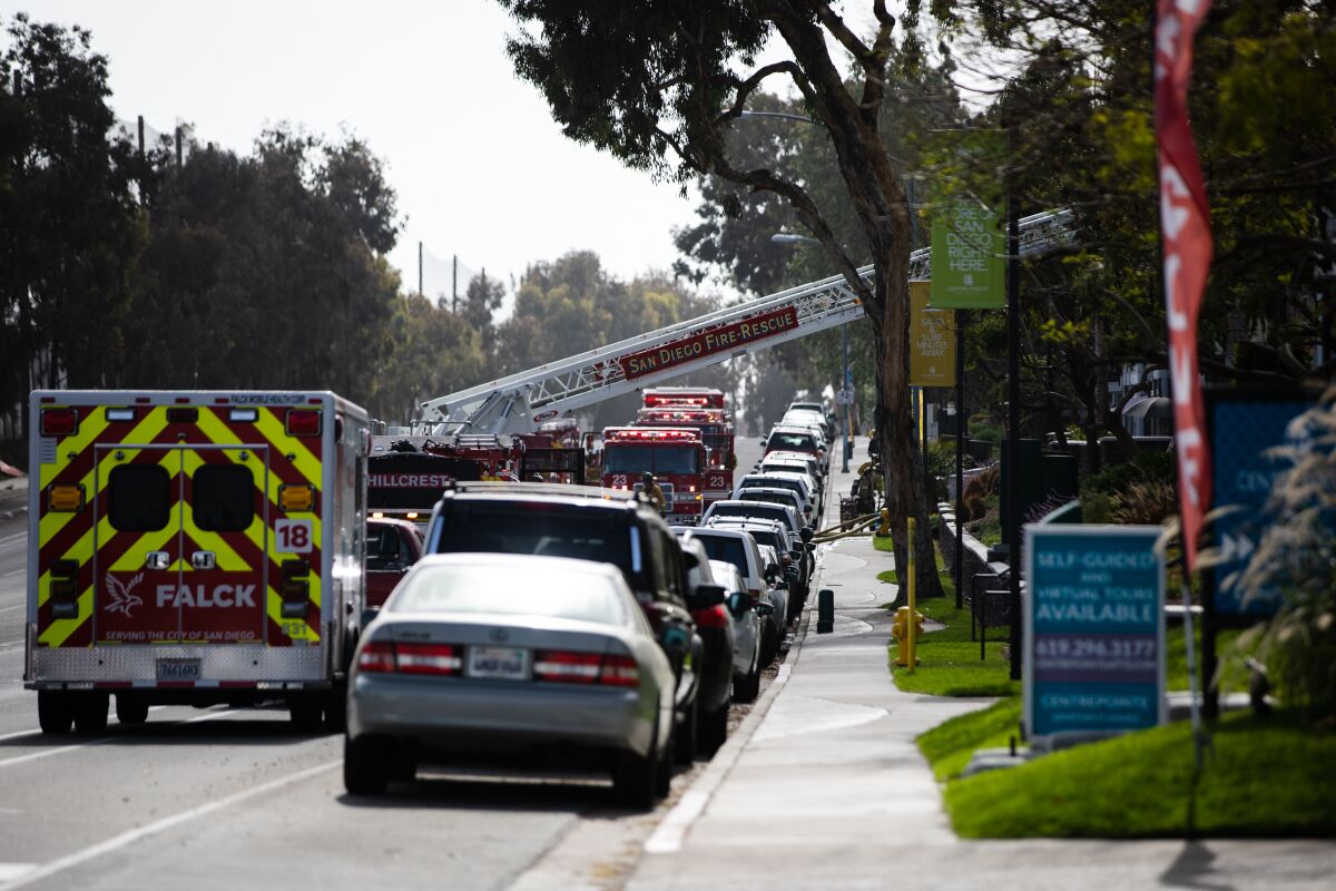 A fire broke out Sunday afternoon at an apartment complex on Friars Road in Mission Valley on Sunday.