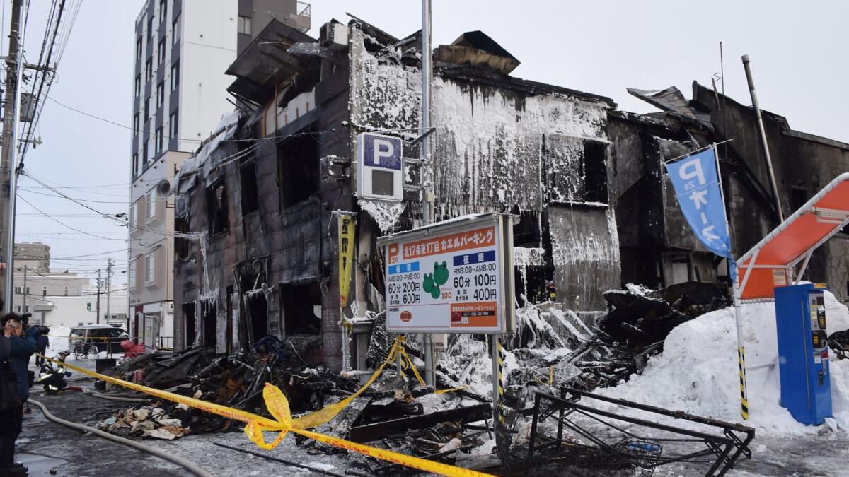 The ruins of a fire at a residence for elderly people in Sapporo, Japan, on Feb. 1.