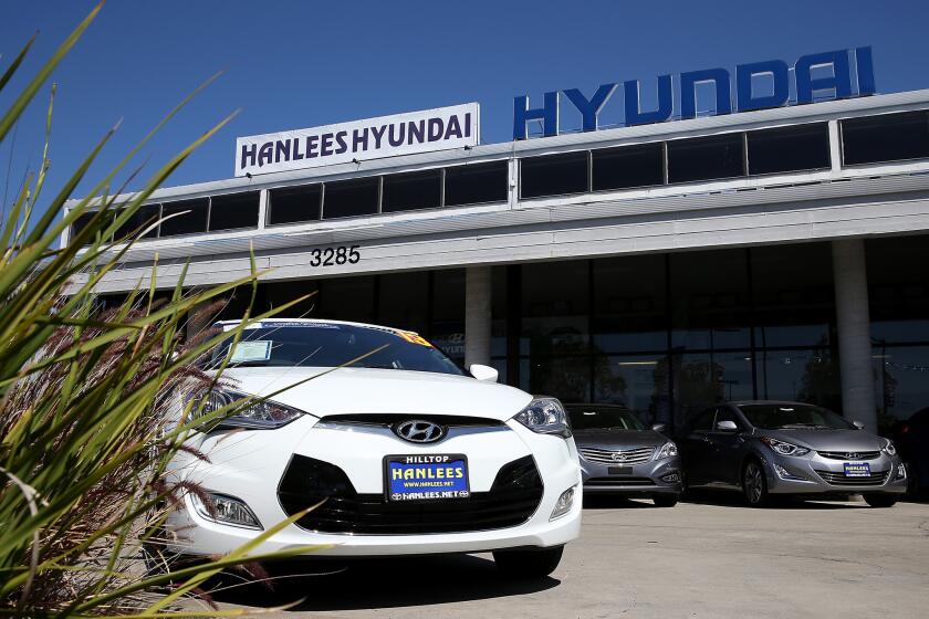 New Hyundai cars sit on a sales lot in Richmond, Calif. According to a report by the Union of Concerned Scientists, Hyandai-Kia is the greenest automobile manufacturer, taking the top spot from Honda, which had held the No. 1 position since the scientists started the rankings.
