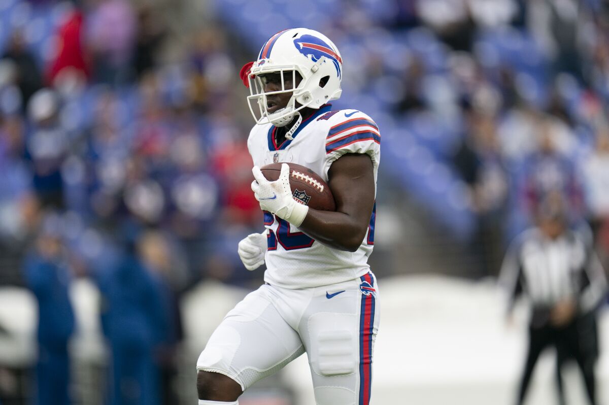 Buffalo Bills running back Devin Singletary works out prior to a game against the Baltimore Ravens.