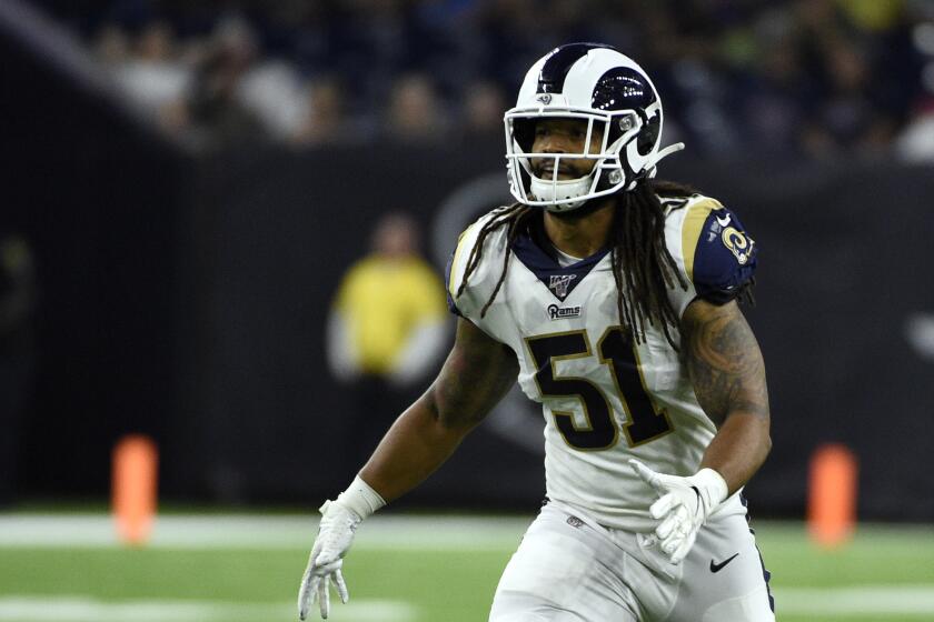 Los Angeles Rams linebacker Dakota Allen (51) lines up against the Houston Texans during the second half of a preseason NFL football game Thursday, Aug. 29, 2019, in Houston. (AP Photo/Eric Christian Smith)