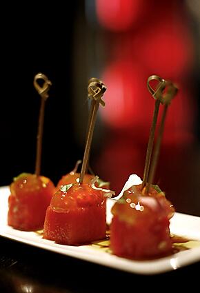 Watermelon and tomato skewers at the Bazaar by Jose Andres