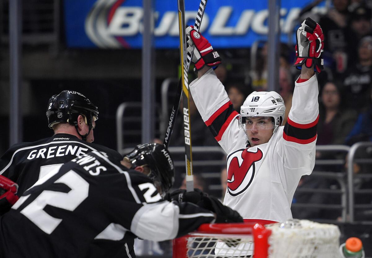Devils forward Steve Bernier celebrates after scoring a goal in the first period against the Kings on Wednesday at Staples Center. New Jersey beat the Kings, 5-3.