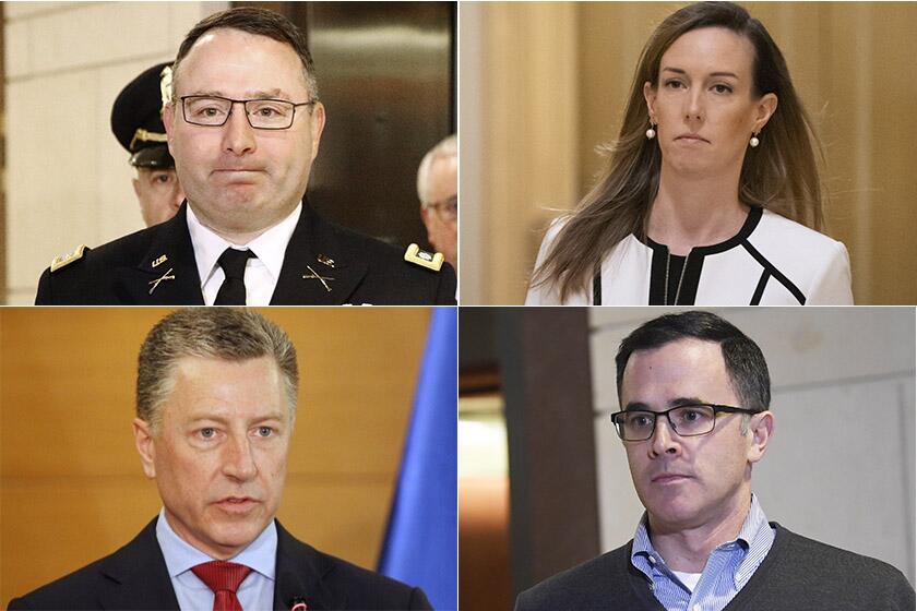 Scheduled to testify Tuesday in the House impeachment inquiry are (clockwise, from top left) Lt. Col. Alexander Vindman, State Department Ukraine expert Jennifer Williams, former Ambassador Kurt Volker and National Security Council official Tim Morrison.