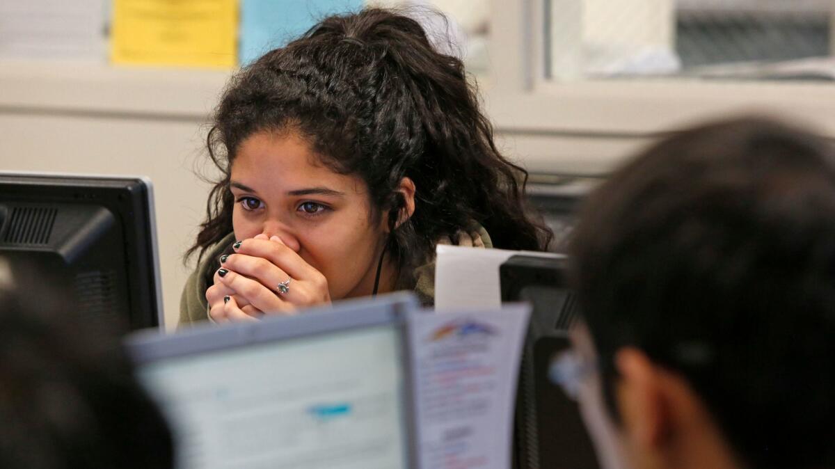 Andrea Comargo concentrates as students at Francisco Bravo Senior High Medical Magnet School take a practice test in 2015 to measure their understanding of Common Core Standards.