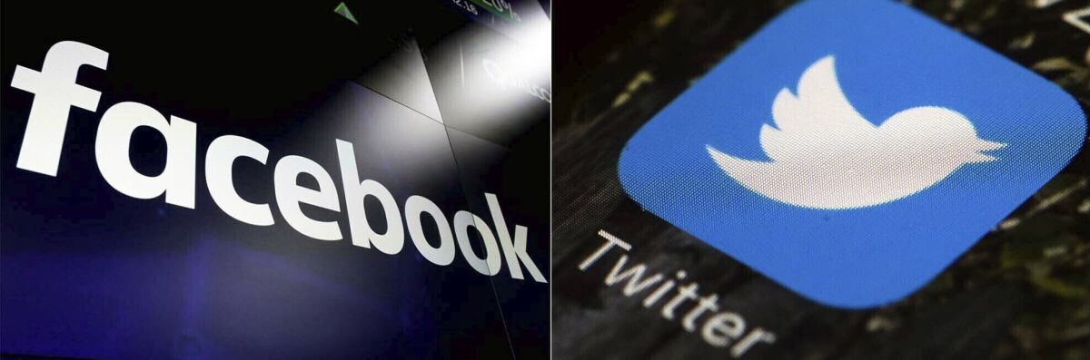 ARCHIVO - Esta combinación de fotos muestra los logos de las redes sociales Facebook y Twitter. 