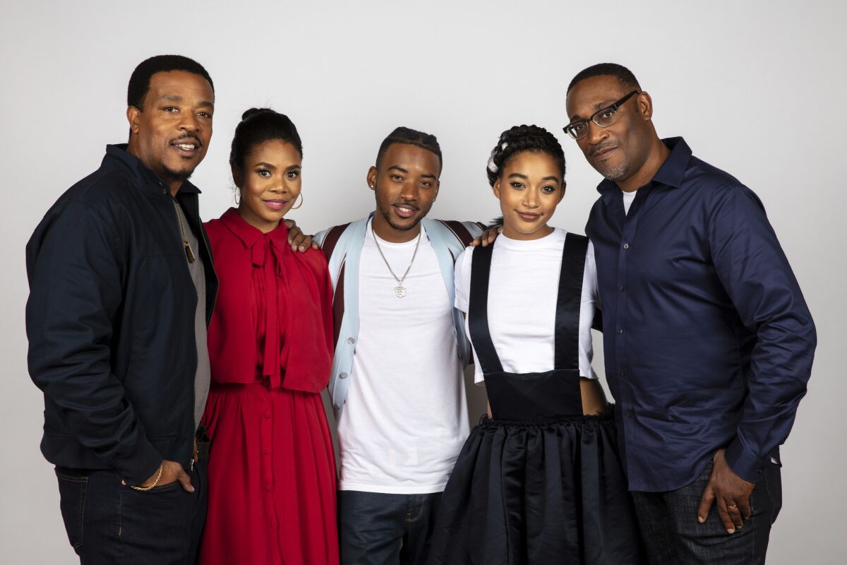 Actor Russell Hornsby, actress Regina Hall, actor Algee Smith, actress Amandla Stenberg and director George Tillman Jr. from the film "The Hate U Give."