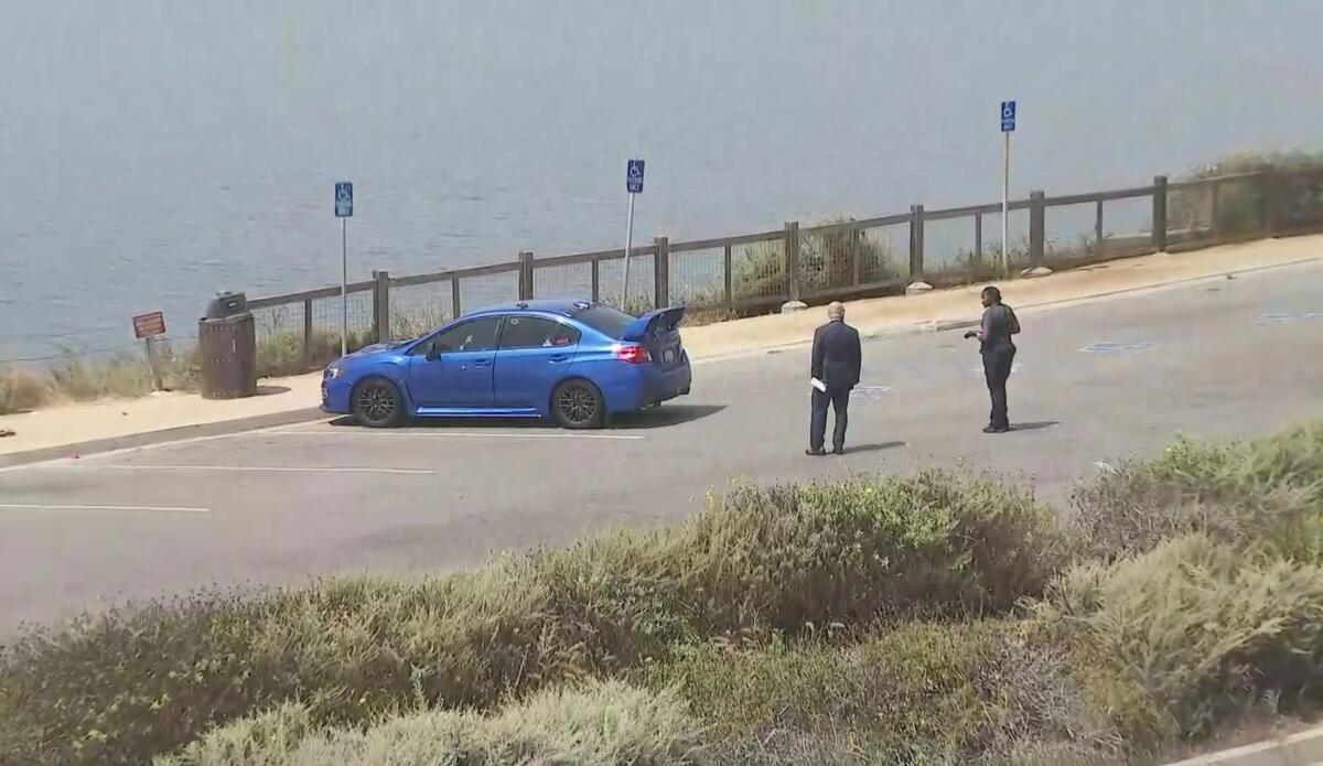 Two investigators stand behind a blue car parked in a parking lot facing the ocean 