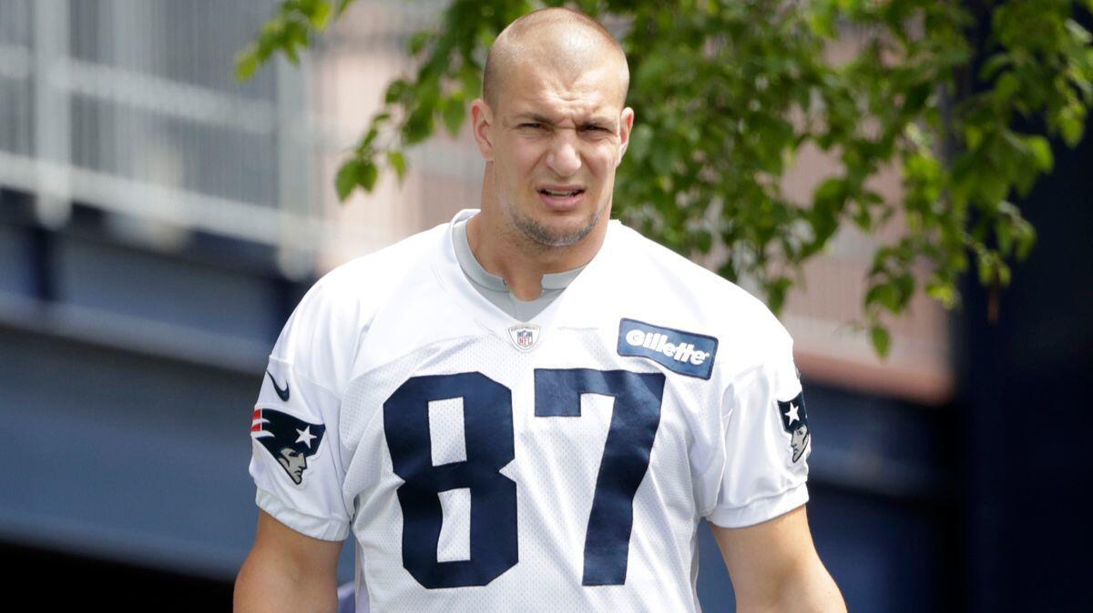 New England Patriots tight end Rob Gronkowski arrives for a team practice on June 7 in Foxborough, Mass.