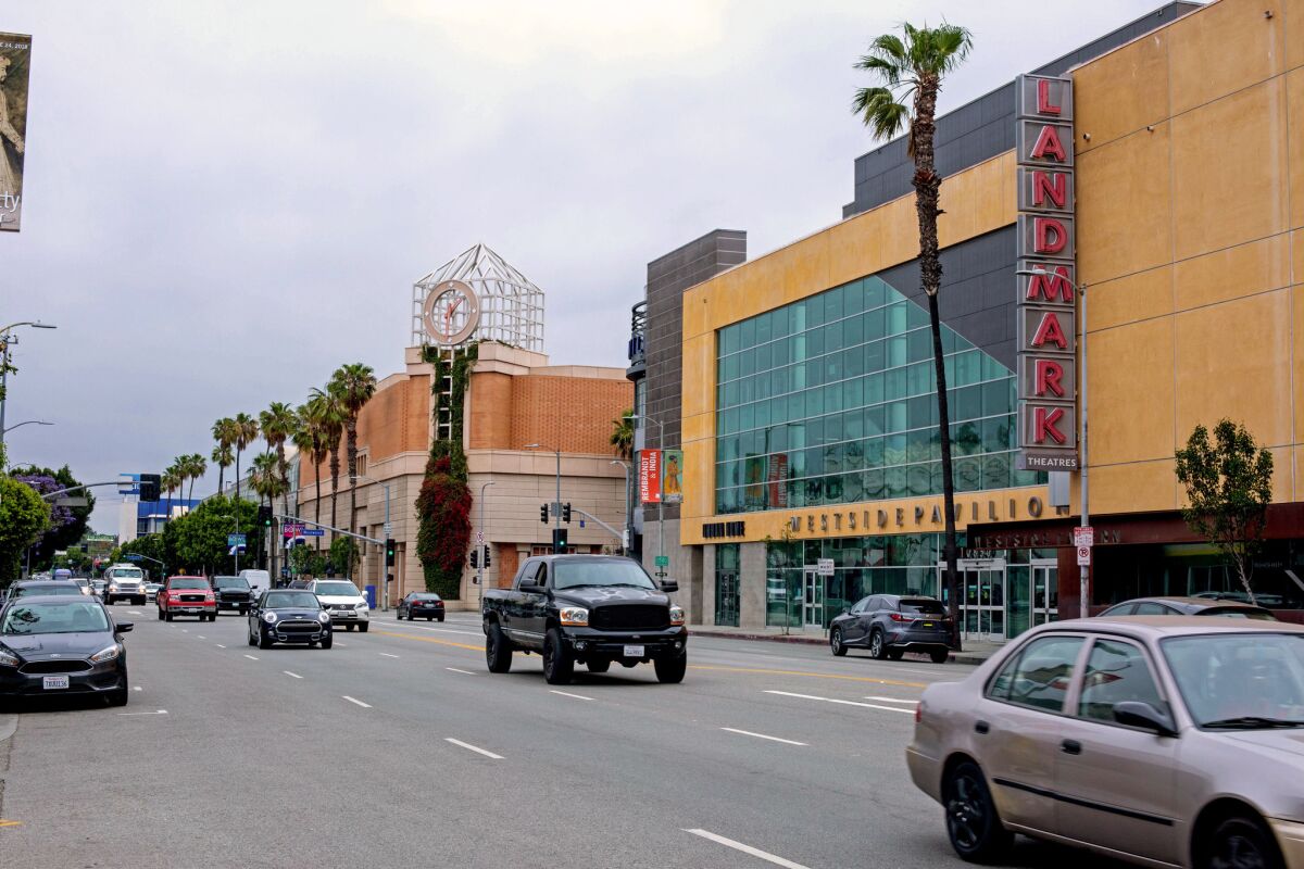 Scenes from the Los Angeles neighborhood of Rancho Park, photographed on May 30, 2018. The Landmark Theatre complex at the old Westside Pavilion is seen in the foreground.