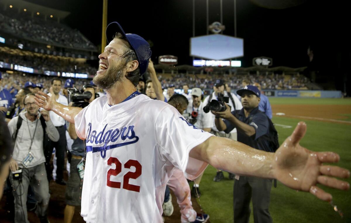 Dodgers starting pitcher Clayton Kershaw celebrates his no-hitter against the Colorado Rockies in June.