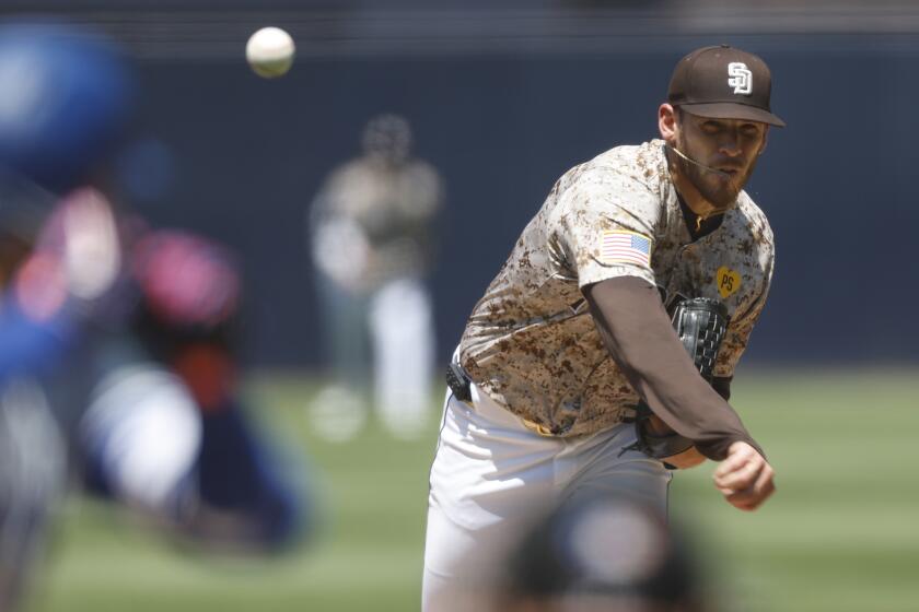 San Diego CA - April 21: San Diego Padres pitcher Joe Musgrove throws against the Toronto Blue Jays at Petco Park on Sunday, April 21, 2024. (K.C. Alfred / The San Diego Union-Tribune)