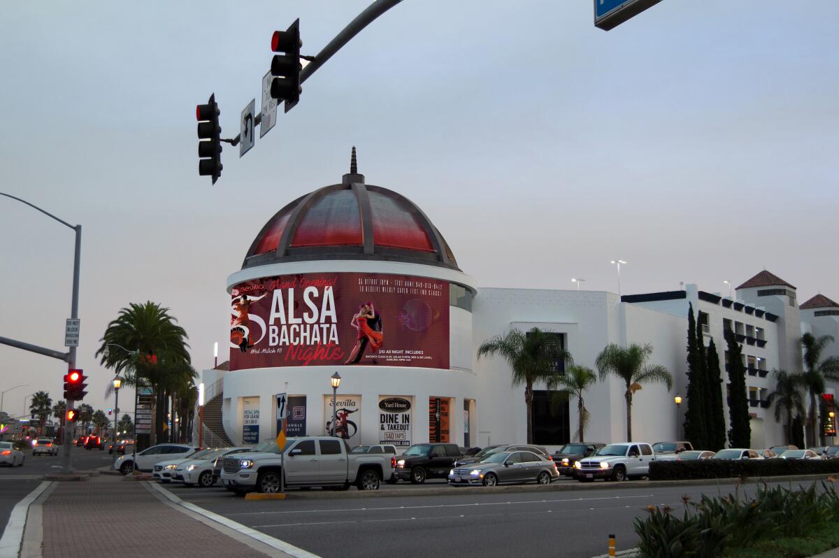 A rendering shows an LED billboard proposed for Costa Mesa's Triangle Square.