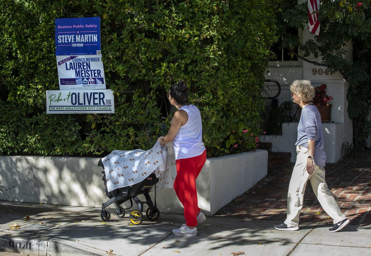 Signs touting candidates for the West Hollywood City Council are displayed  