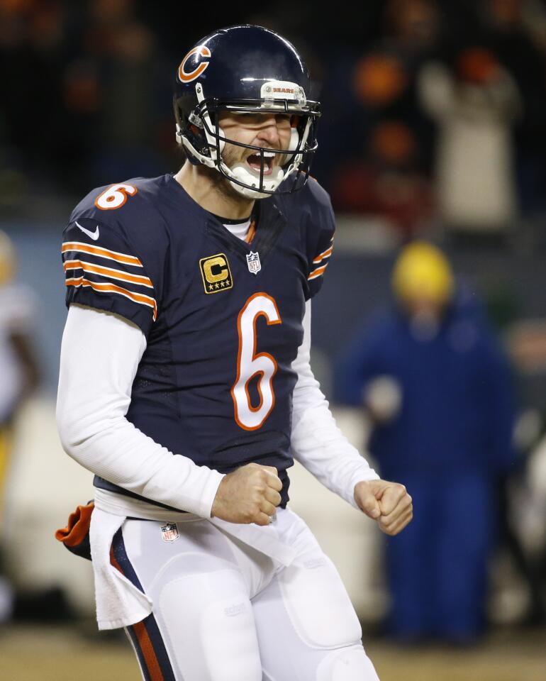 Jay Cutler reacts after a touchdown catch by Brandon Marshall in the fourth quarter at Soldier Field.