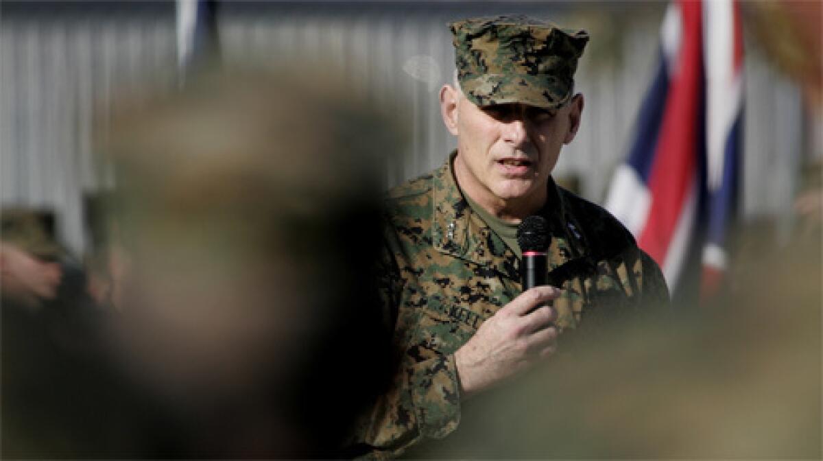 UPBEAT: Maj. Gen. John Kelly, who is returning to Iraq to lead 25,000 Marines and whose two Marine sons have served there, tells troops at Camp Pendleton, We want to work ourselves out of a job.