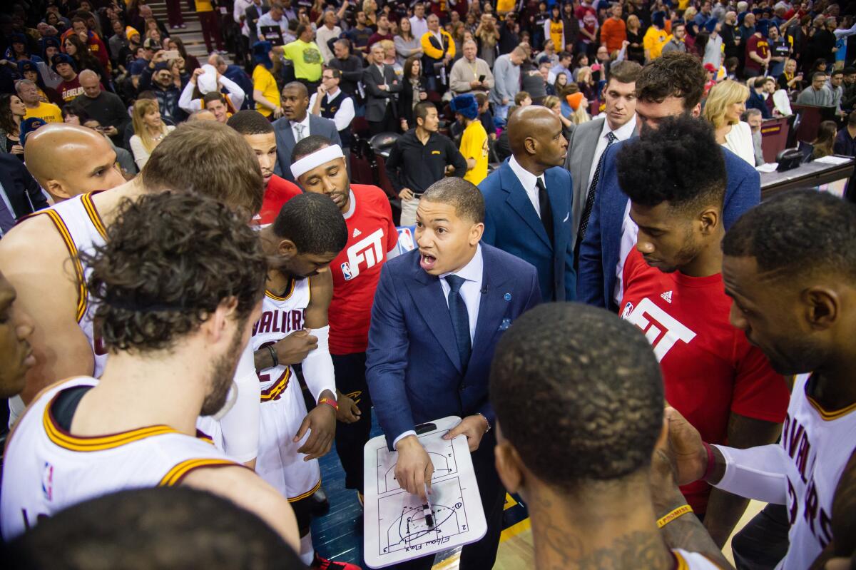 New Cavaliers Coach Tyronn Lue speaks to his team before a game against the Chicago Bulls on Jan. 23. The Cavaliers lost to the Bulls, 96-83.