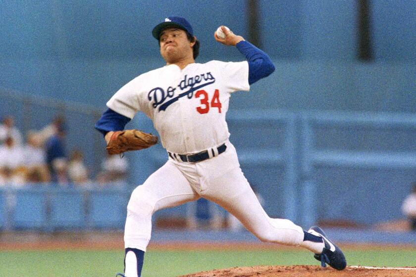 Los Angeles Dodgers pitcher Fernando Valenzuela  in the opening game of the 1985 National League Championship series.