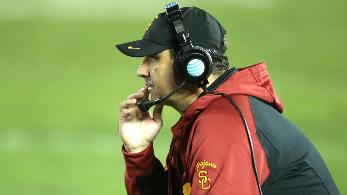 USC Coach Steve Sarkisian looks on during the Trojans' loss to UCLA at the Rose Bowl on Nov. 22.