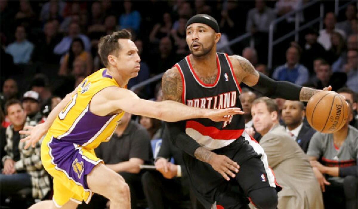 Steve Nash played 22 minutes, grabbing 10 points and 10 assists for the Lakers in a loss to the Portland Trail Blazers, 124-112.
