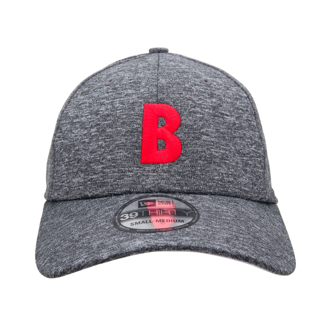 A gray baseball cap with a red B on it