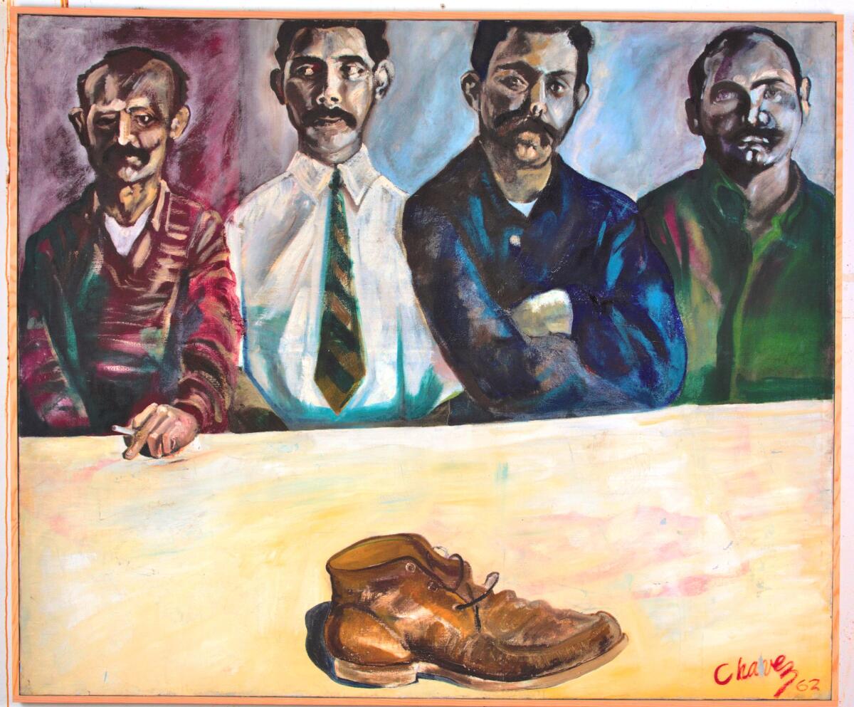 An oil painting of four mustachioed men sitting behind a yellow table with a brown ankle boot, laces loosened.