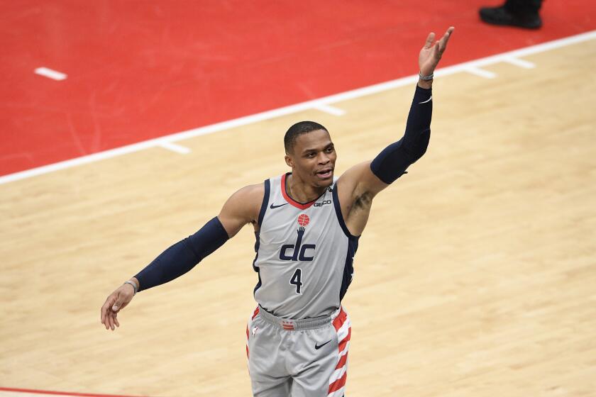 Washington Wizards guard Russell Westbrook (4) reacts during the second half of an NBA basketball Eastern Conference play-in game against the Indiana Pacers, Thursday, May 20, 2021, in Washington. (AP Photo/Nick Wass)