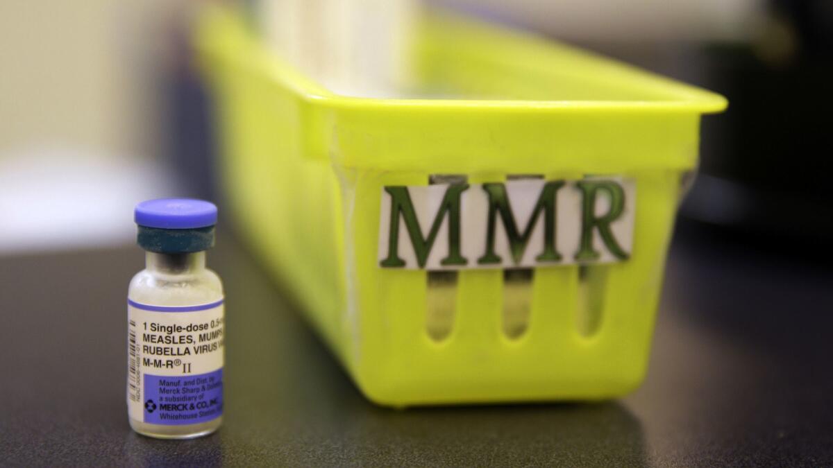 A measles, mumps and rubella vaccine at a pediatrics clinic in Greenbrae, Calif.