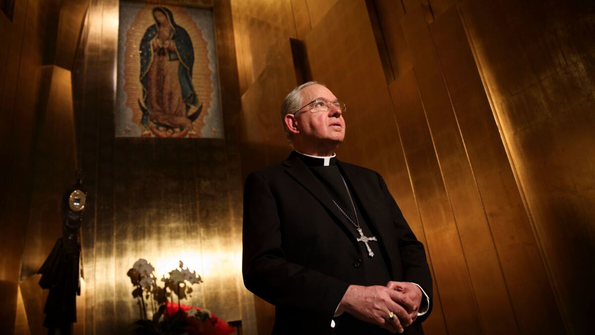 Los Angeles Archbishop Jose H. Gomez stands for a portrait at the Cathedral of Our Lady of the Angels on Monday, November 21, 2016 in Los Angeles.