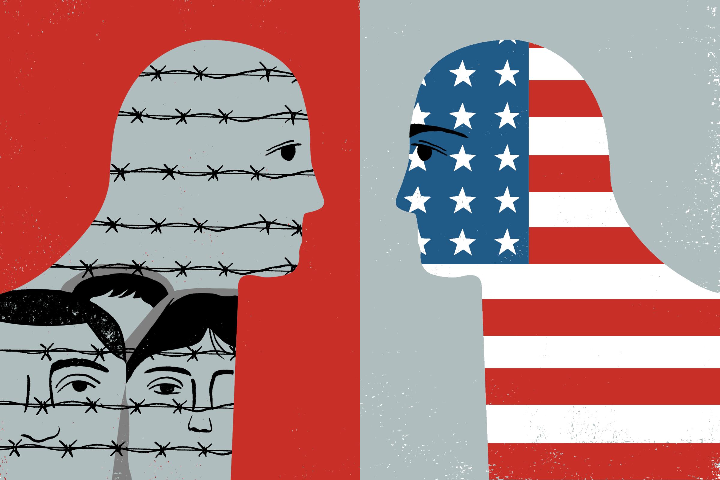 Illustration of two heads facing each other. On one head is barbed wire, and the other a U.S. flag.