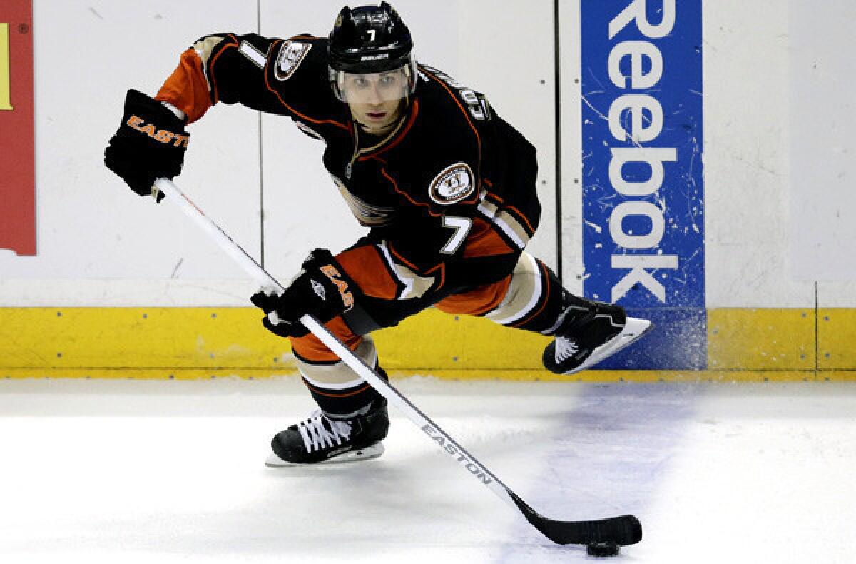 Ducks forward Andrew Cogliano leads a rush against the Sharks during a game last week at the Honda Center.