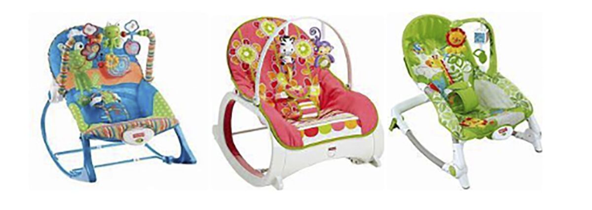 This photo provided. by Consumer Product Safety Commission shows Fisher-Price Infant-to-Toddler Rocker, left and center, and Fisher-Price Newborn-to-Toddler Rocker, right. The U.S. Consumer Product Safety Commission (CPSC) and Fisher-Price are alerting consumers to at least 13 reported deaths between 2009 and 2021 of infants in Fisher-Price Infant-to-Toddler Rockers and Newborn-to-Toddler Rockers. Rockers should never be used for sleep and infants should never be unsupervised or unrestrained in the Rockers. (Consumer Product Safety Commission via AP)