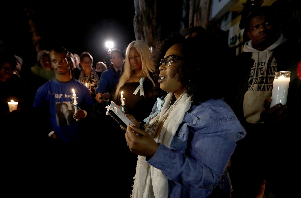 Activist Jasmyne Cannick at a candlelight vigil outside Ed Buck's home in January