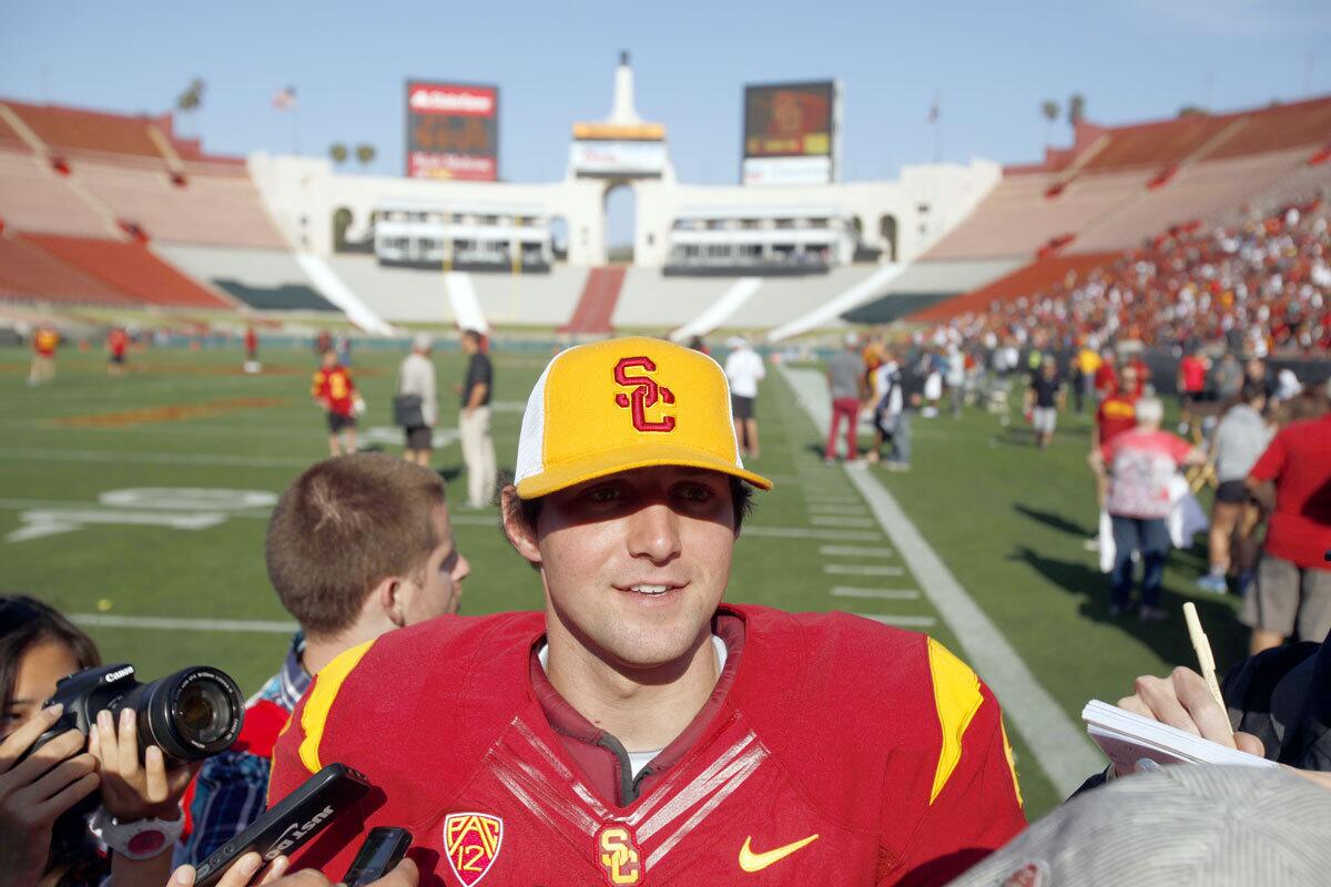 Quarterback Cody Kessler answers questions after USC's spring game in April. Kessler and the Trojans will return to the Coliseum on Monday night for their second scrimmage.