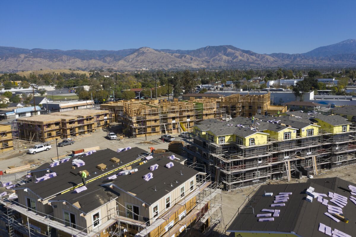 Aerial view of construction of the Arrowhead Grove energy-efficient housing development in San Bernardino on Nov. 19, 2020.