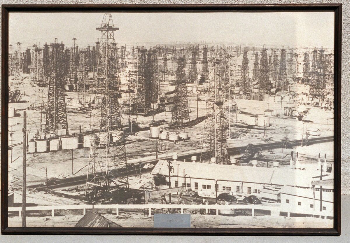 Oil derricks dot the landscape of Signal Hill in a photo from the 1940s.