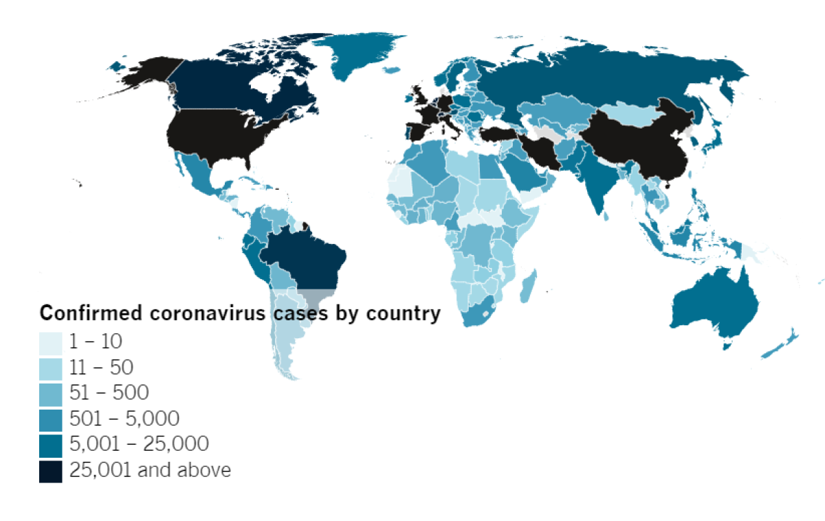 Confirmed COVID-19 cases by country as of 5:00 p.m. PDT Friday, April 10. Click to see the map from Johns Hopkins CSSE.