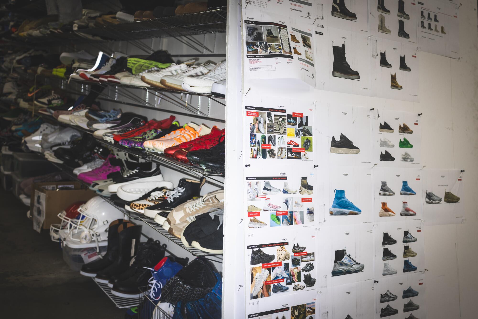 Shoe racks and inspiration boards fill Surgeon Worldwide's headquarters in South Los Angeles.