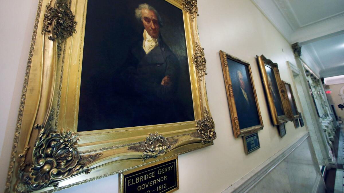 A portrait of Massachusetts Gov. Elbridge Gerry at the Statehouse in Boston. In 1812, Gerry signed a bill to redraw the state Senate district map.