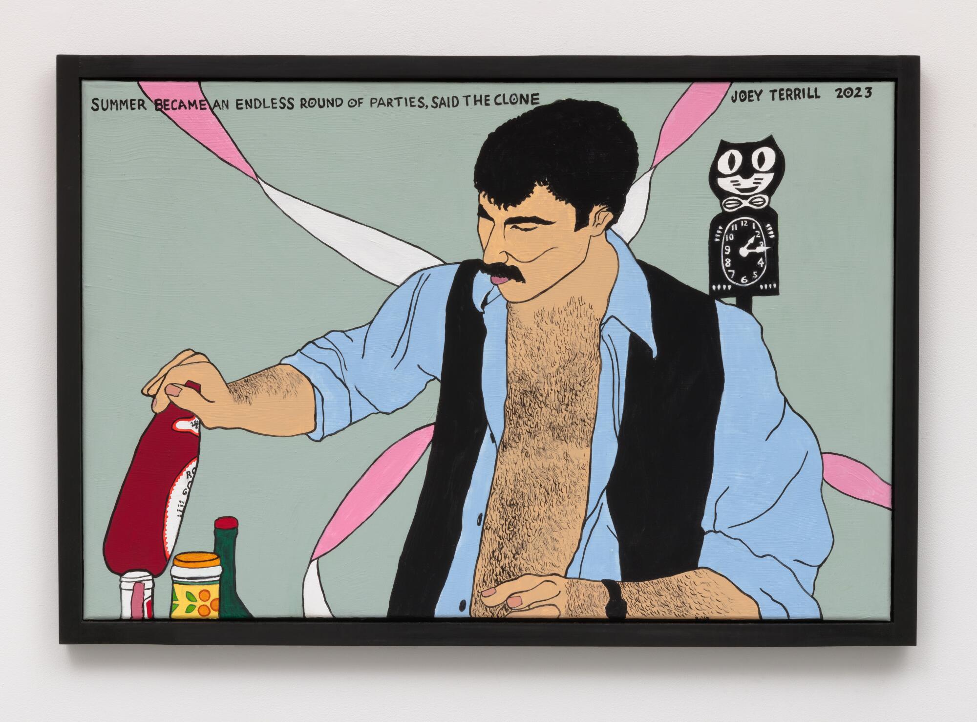 A horizontal painting shows a man with a mustache, his shirt unbuttoned over a hairy chest, fixing a drink.