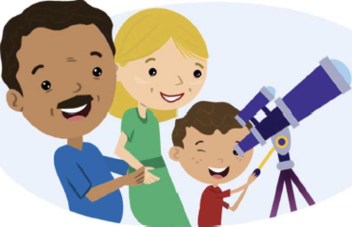 Illustration of a mom and dad watching their son look through a telescope.